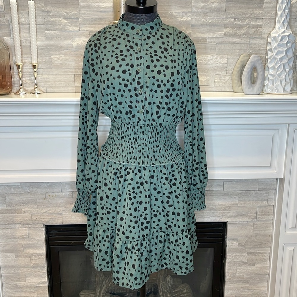 NWT Green Dalmatian Print Long Sleeve dress Smocked waist Size Medium